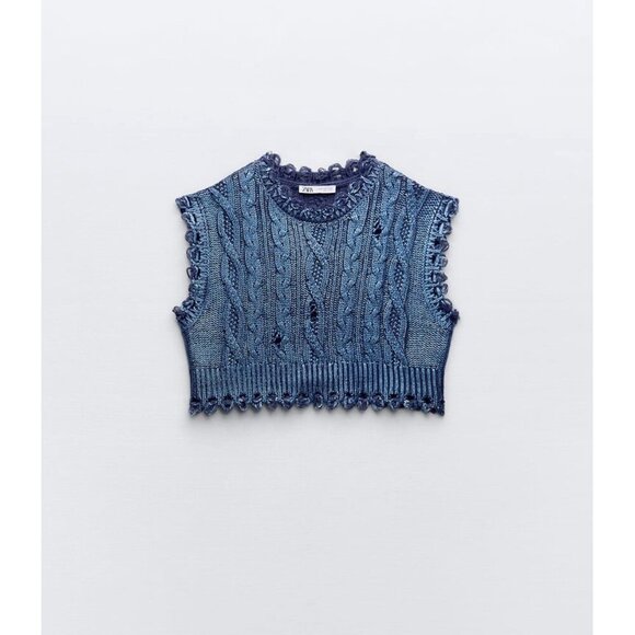 NWT Zara blue cable knit cropped metallic vest sleeveless sweater, S - Picture 6 of 12